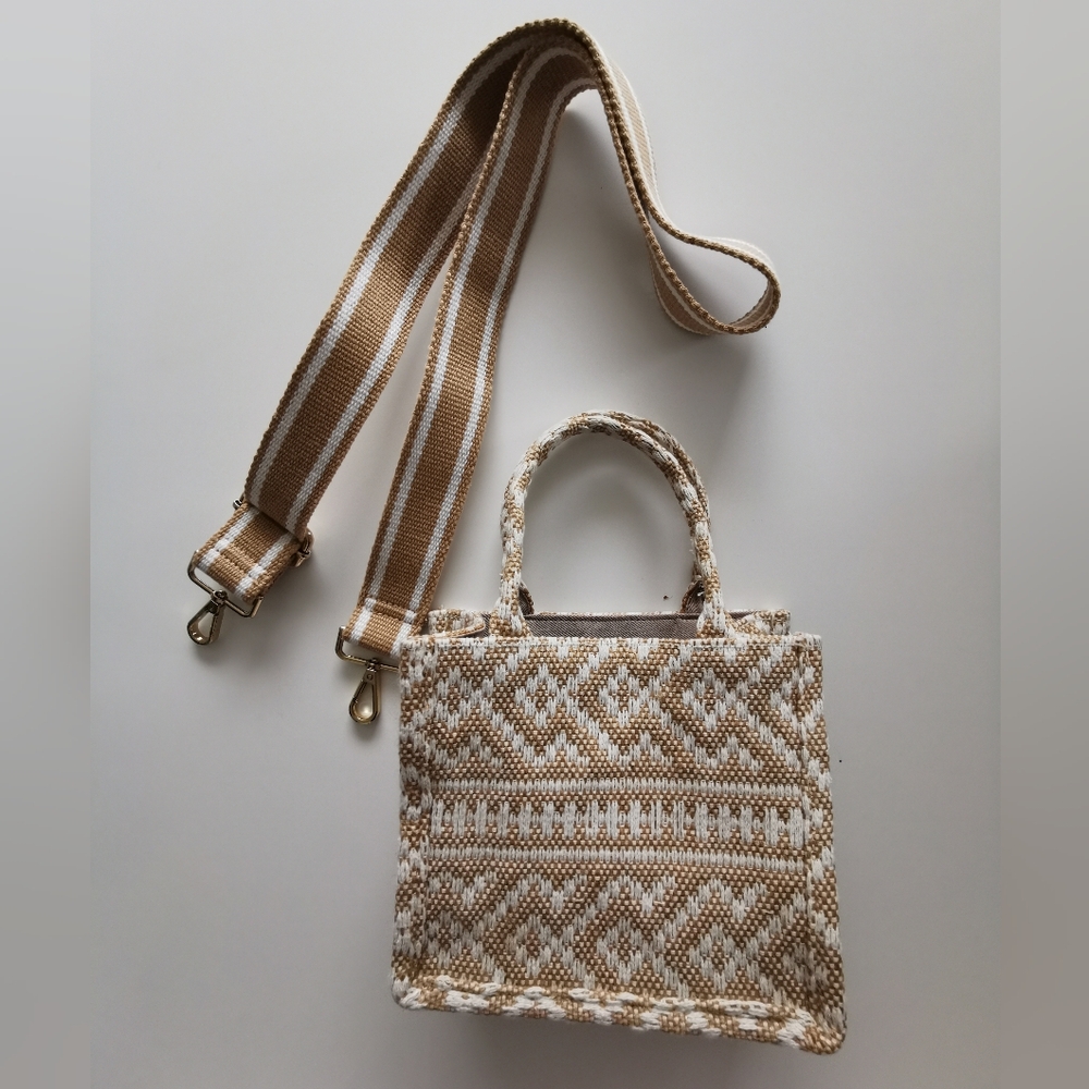 Last Chance H&M Beige & White Woven Square Top Handle Mini Tote +Crossbody Strap
